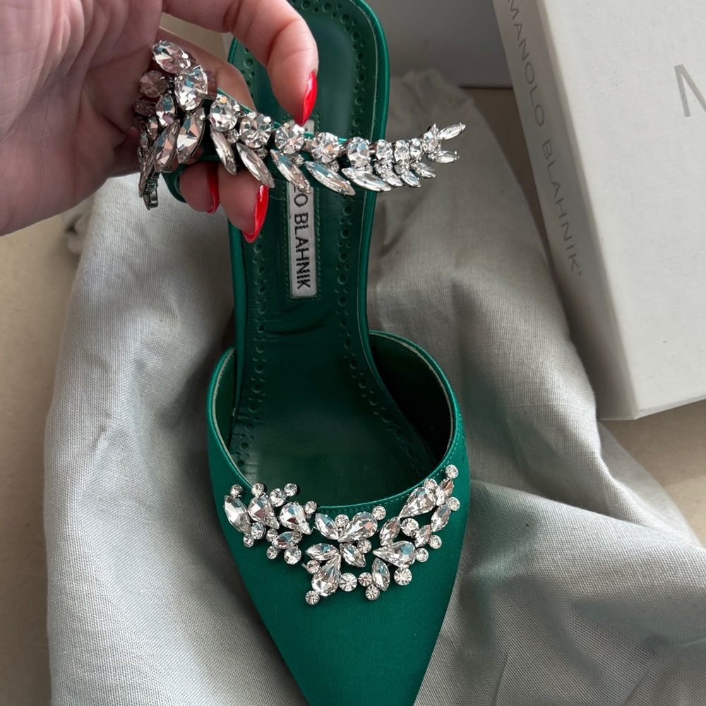 Manolo Blahnik Emerald Satin Heels with Crystal Accents - Picture 4 of 4